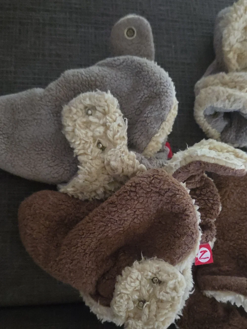 Zutano Cozy Sherpa Slippers in Brown and Gray with Cream Trim
